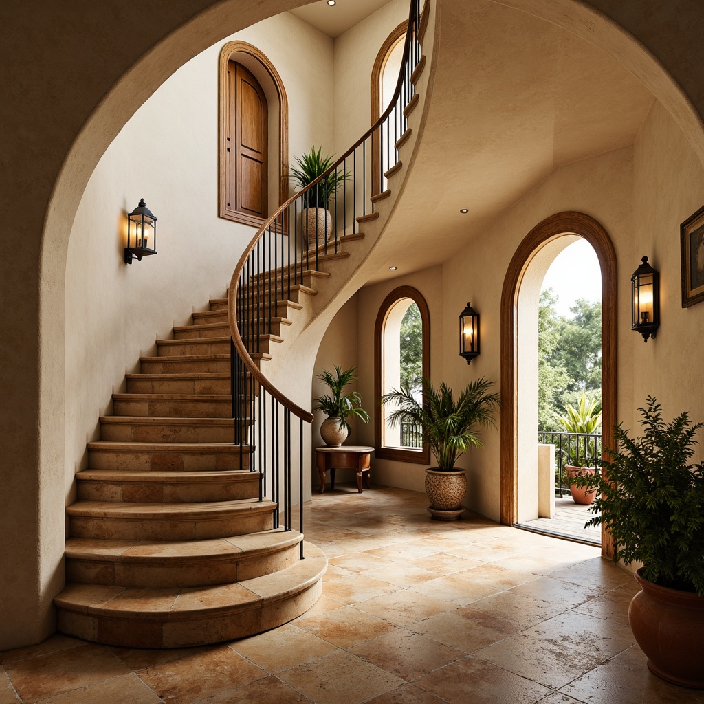 Prompt: Curved staircase, wrought iron balusters, ornate metalwork, rustic wooden handrails, creamy limestone walls, earthy terracotta floors, warm beige marble steps, elegant arches, soft golden lighting, subtle shadowing, 1/1 composition, intimate view, realistic textures, ambient occlusion, lush greenery, potted plants, decorative ceramics, ornate tiles, Mediterranean-inspired patterns.