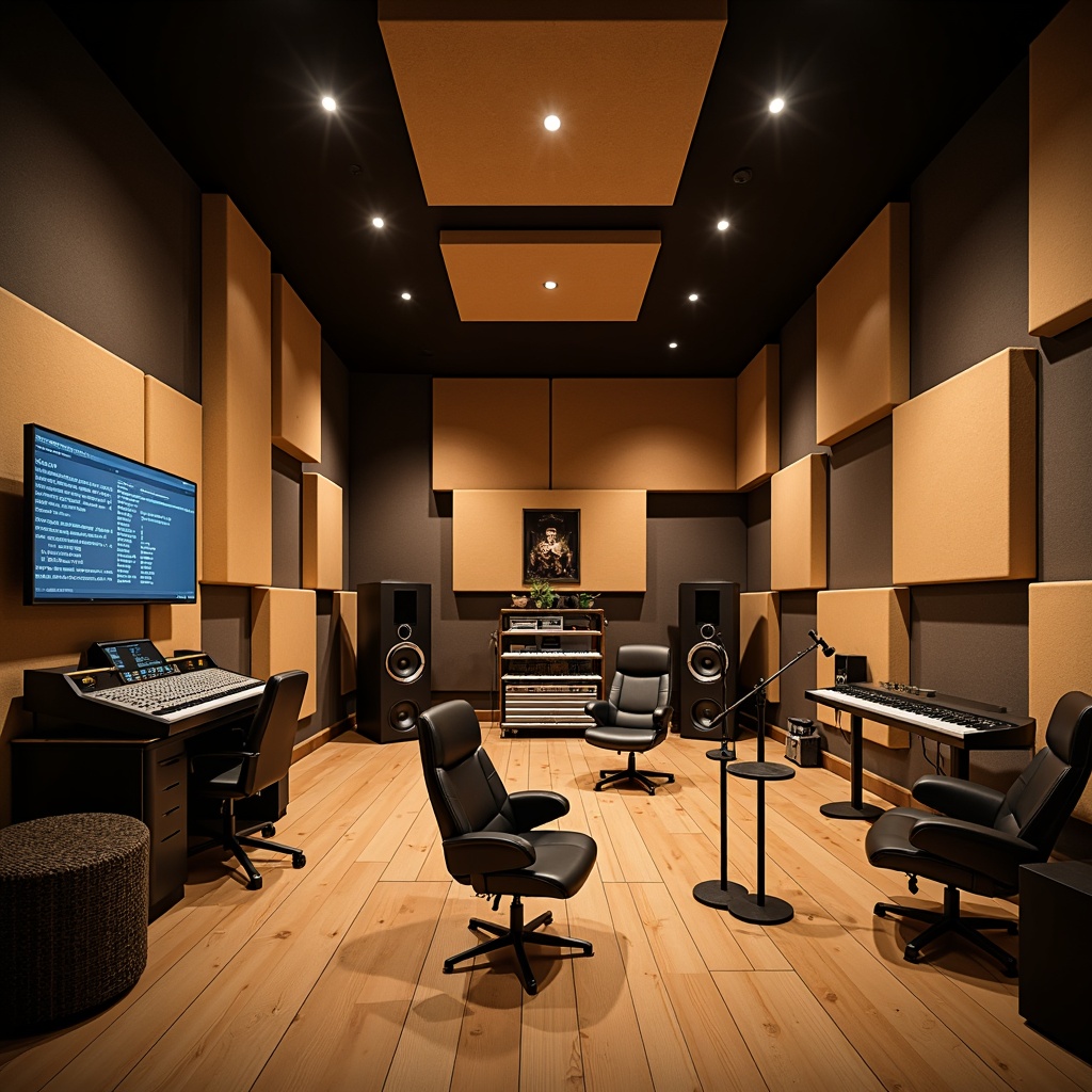 Prompt: Professional recording studio, soundproofed walls, acoustic panels, diffusion systems, bass traps, microphone stands, pop filters, vocal booths, mixing consoles, high-quality speakers, precision EQ settings, warm ambient lighting, minimalist decor, wooden flooring, sound-absorbing materials, optimal room dimensions, 1/1 composition, softbox lighting, shallow depth of field, realistic textures.