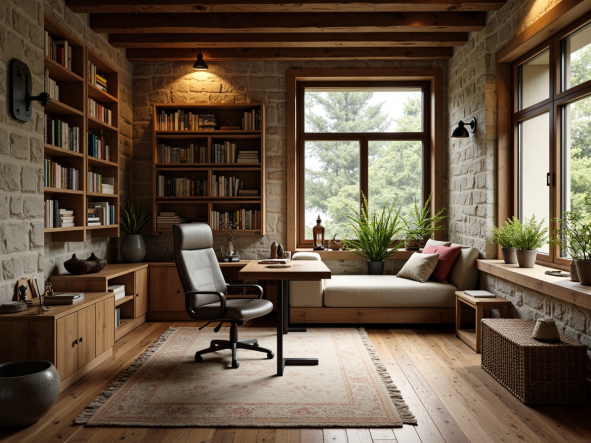 Prompt: Cozy home office, rustic wooden desk, vintage metal chair, earthy color palette, natural stone walls, wooden floorboards, comfortable reading nook, floor-to-ceiling bookshelves, warm task lighting, greenery-filled windowsill, serene outdoor views, organic textures, soft warm color tones, 1/2 composition, shallow depth of field, realistic rendering.