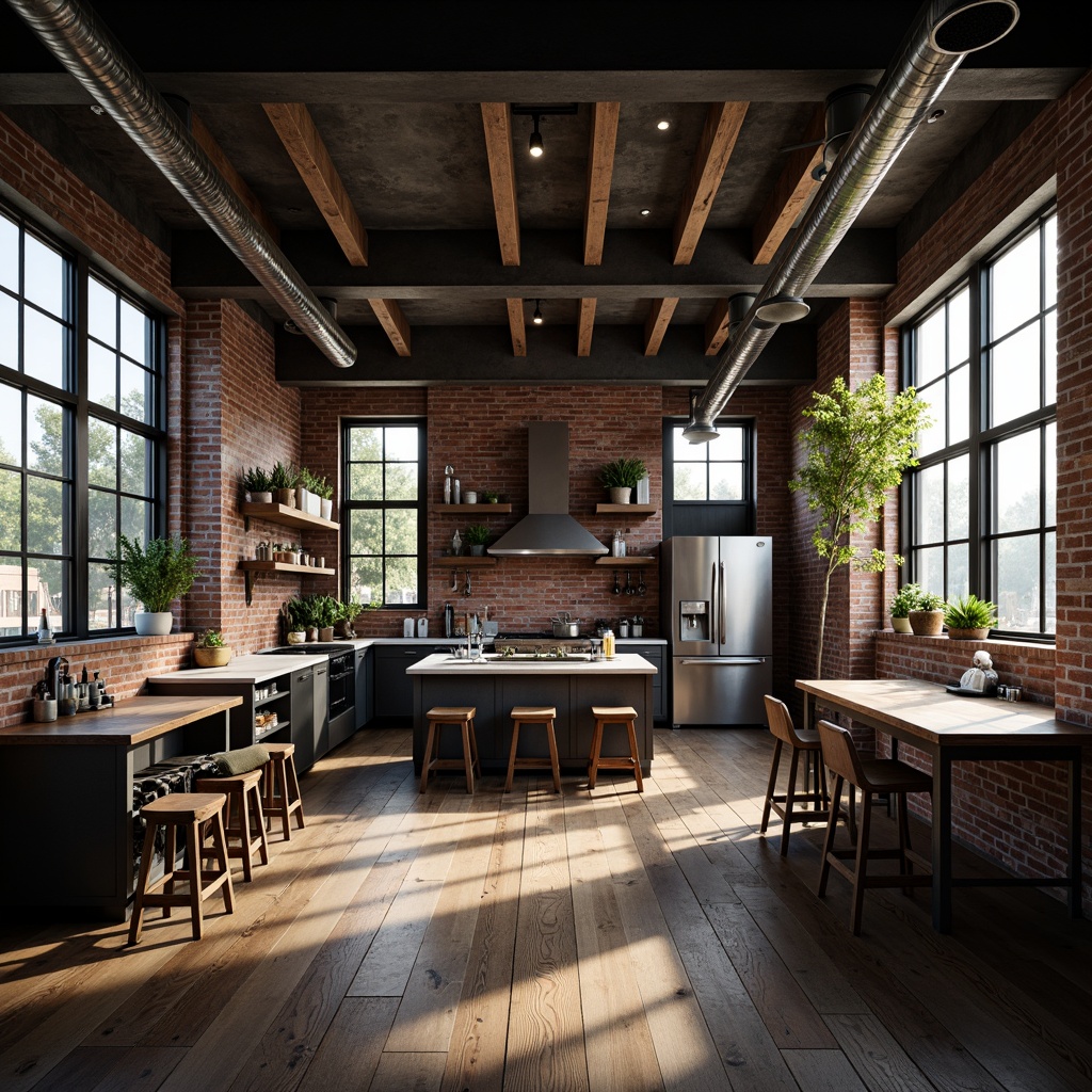 Prompt: Exposed brick walls, metal beams, industrial-style lighting fixtures, distressed wood flooring, urban loft atmosphere, vintage decorative elements, functional exposed pipes, modern minimalist decor, sleek metal appliances, concrete countertops, reclaimed wood accents, edgy architectural details, high ceilings, large windows, natural light pouring in, moody color palette, atmospheric shadows, dramatic contrast, 3/4 composition, shallow depth of field, realistic textures.