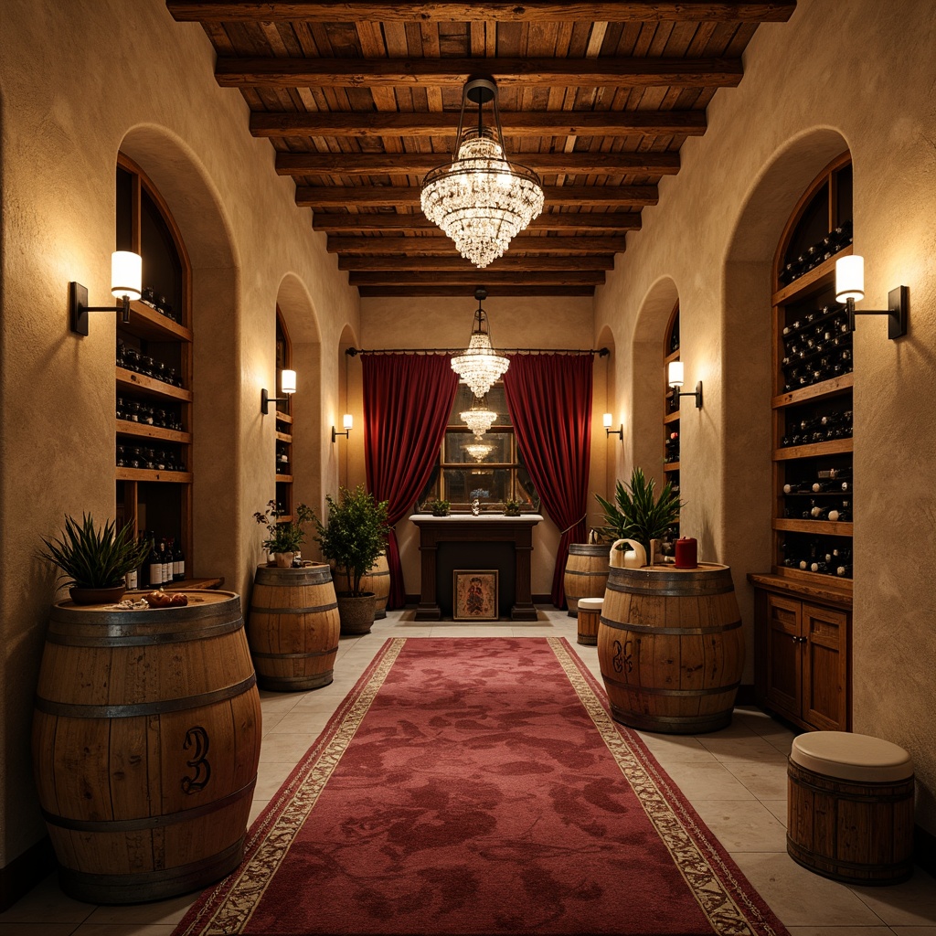 Prompt: Rustic wine cellar, distressed wooden crates, vintage wine barrels, soft warm candlelight, dimmed pendant lamps, ornate metal chandeliers, crystal drops, creamy stone walls, aged brick arches, reclaimed wood accents, plush velvet drapes, rich jewel-toned fabrics, luxurious area rugs, intimate ambiance, cozy nooks, subtle LED lighting, warm beige tones, elegant wooden wine racks, classic decorative mirrors, subtle shimmering effects, 1/1 composition, soft focus, warm color temperature.