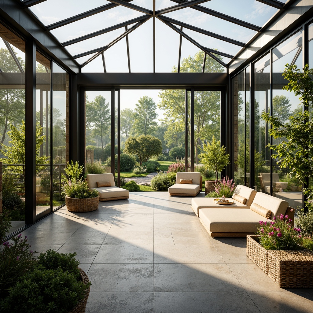 Prompt: Spacious sunroom, floor-to-ceiling windows, sliding glass doors, natural stone flooring, lush greenery, vibrant flowers, modern minimalist furniture, sleek metal frames, soft warm lighting, indirect sunlight, clerestory windows, skylights, transparent roofing, ambient occlusion, shallow depth of field, 3/4 composition, panoramic view, realistic textures, bright airy atmosphere, calm serene ambiance.