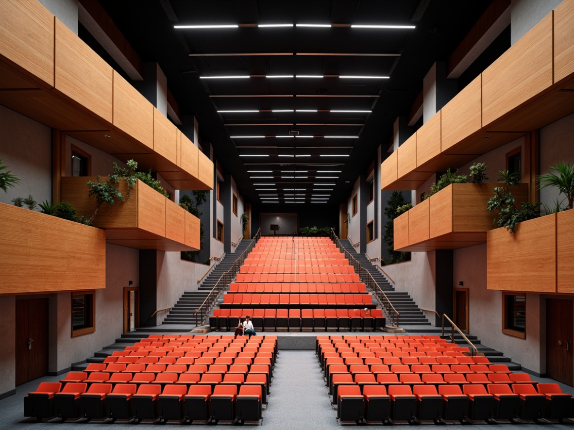 Prompt: Bauhaus-inspired auditorium, geometric seating arrangement, asymmetrical layout, bold color scheme, industrial materials, polished metal accents, minimalist decor, functional lighting design, cantilevered balconies, steeply raked floors, dramatic overhead lighting, high-contrast color palette, abstract geometric patterns, modernist architectural details, innovative acoustic solutions, dynamic sightlines, 3/4 composition, shallow depth of field, panoramic view, realistic textures.