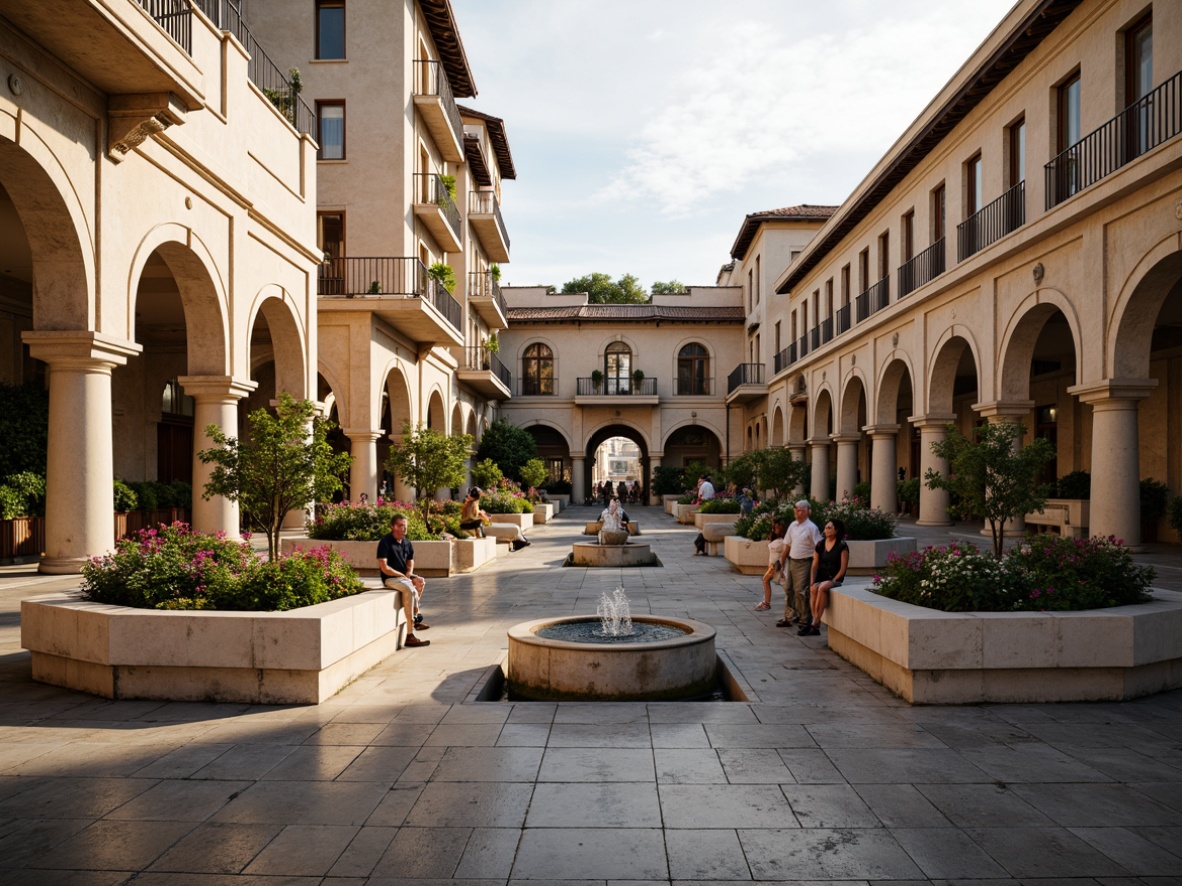 Prompt: Grand piazza, ornate fountains, vibrant flowers, intricate stonework, rusticated columns, grand archways, decorative cornices, ornate balconies, Baroque-inspired facades, richly textured stucco, warm golden lighting, soft focus, shallow depth of field, 1/2 composition, symmetrical framing, realistic stone textures, ambient occlusion.