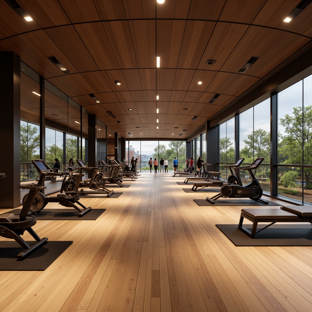 Prompt: Luxurious fitness club, curved lines architecture, sleek modern interior, polished wooden floors, mirrored walls, state-of-the-art exercise equipment, free weights section, yoga mats, Pilates reformers, spinning bikes, treadmills, elliptical machines, cardio zones, strength training areas, relaxation lounges, saunas, steam rooms, showers, locker rooms, soft ambient lighting, warm color scheme, minimalist decor, natural stone accents, metallic finishes, futuristic ambiance, dynamic shadows, shallow depth of field, 1/2 composition, realistic textures, ambient occlusion.