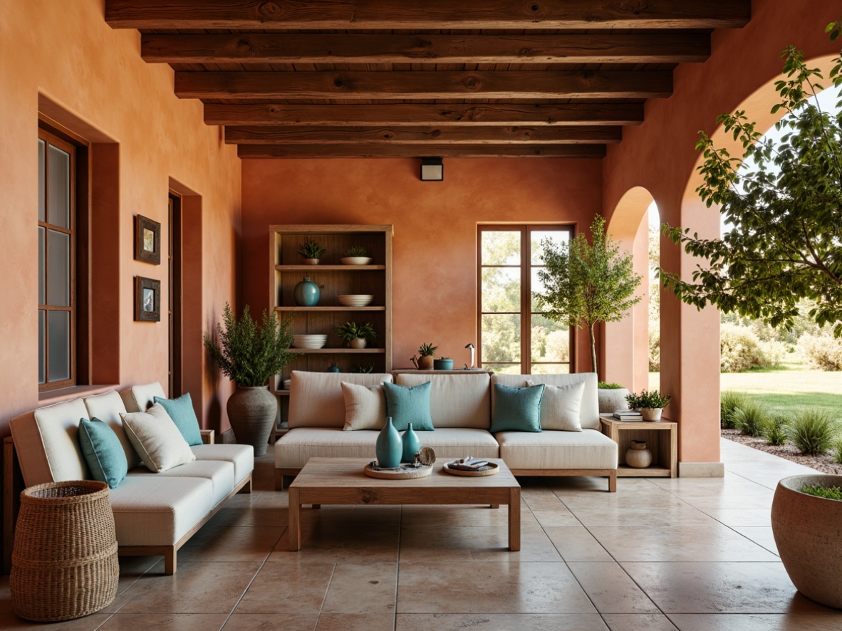 Prompt: Warm terracotta walls, soft blue accents, creamy whites, earthy sienna tones, rich walnut wood furniture, distressed wooden beams, natural linen upholstery, turquoise glass vases, rustic ceramic tiles, woven rattan baskets, lush greenery, potted olive trees, warm golden lighting, shallow depth of field, 1/1 composition, realistic textures, ambient occlusion.