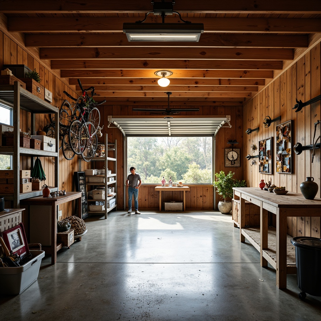 Prompt: Cozy family garage interior, warm wood accents, organized storage systems, metal shelving units, labeled bins, hanging bike racks, sports equipment holders, epoxy-coated floors, natural light, overhead lighting, rustic wooden workbench, vintage tool decor, soft ambient glow, shallow depth of field, 1/2 composition, realistic textures, ambient occlusion.