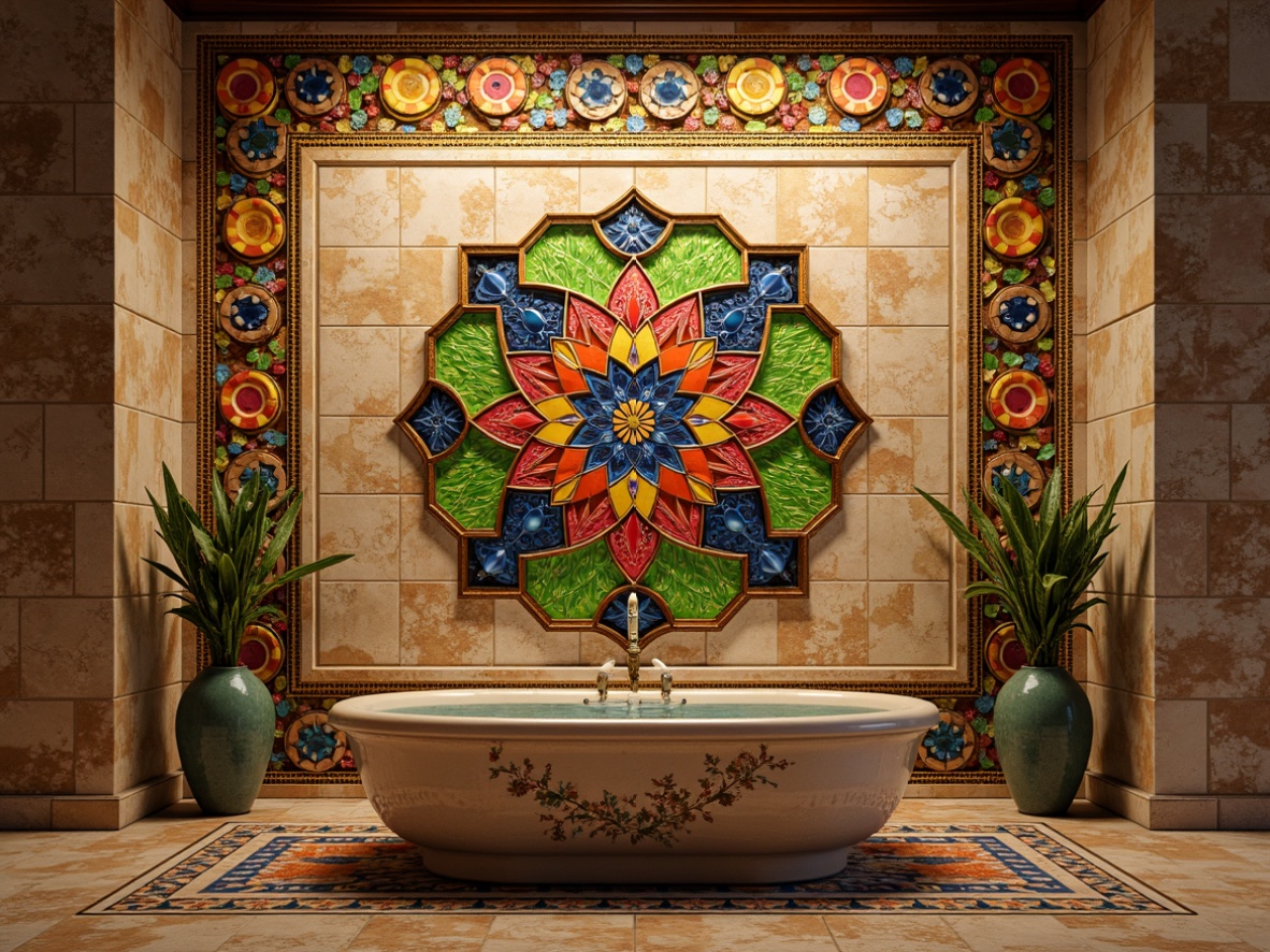 Prompt: Vibrant mosaic tiles, geometric patterns, colorful glass pieces, shimmering metallic accents, textured stone backgrounds, Mediterranean-inspired designs, ornate borders, elegant wall decor, luxurious ambiance, warm golden lighting, 1/1 composition, close-up shot, realistic reflections, high-gloss finish.