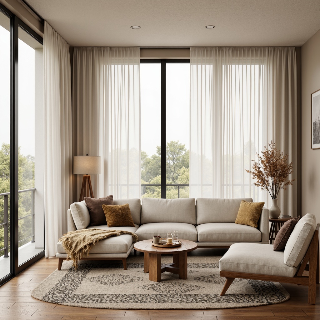 Prompt: Cozy living room, Nordic-inspired furniture, natural wood accents, woven wool blankets, geometric patterned rugs, soft velvet pillows, linen upholstery, minimalist decor, neutral color palette, abundant natural light, floor-to-ceiling windows, sheer white curtains, warm beige walls, rustic wooden floors, modern Scandinavian architecture, functional simplicity, organic shapes, eco-friendly materials, subtle textures, gentle warm lighting, shallow depth of field, 2/3 composition, atmospheric ambiance.