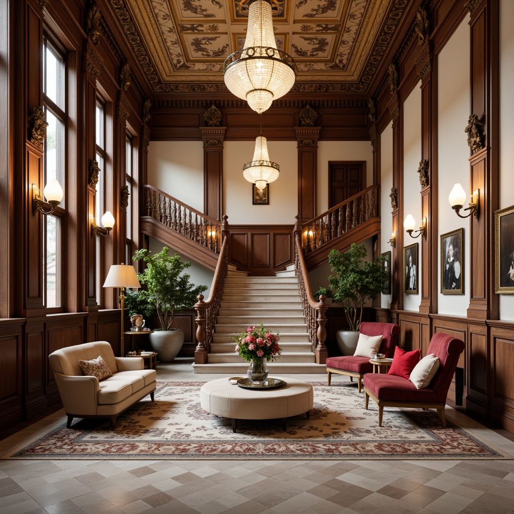 Prompt: Elegant Neoclassical interior, ornate furnishings, intricately carved wooden pieces, velvet upholstery, gilded accents, crystal chandeliers, marble floors, tall columns, grand staircases, luxurious fabrics, subtle patterned rugs, classic proportions, symmetrical compositions, soft warm lighting, shallow depth of field, 1/1 composition, realistic textures, ambient occlusion.