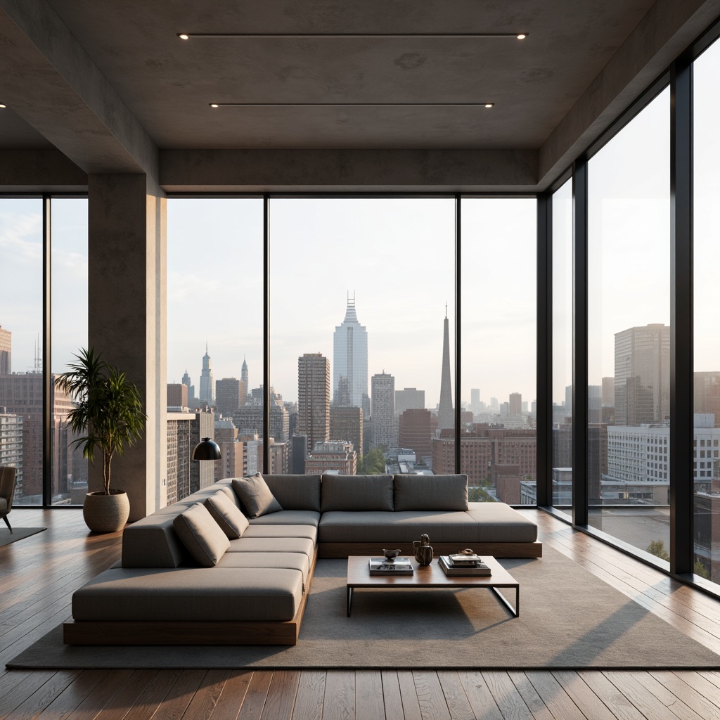 Prompt: Minimalist living room, sleek low-profile sofa, monochromatic color scheme, polished wooden floors, sparse decorative accents, geometric-shaped coffee table, industrial metal lamps, floor-to-ceiling windows, natural ambient lighting, urban cityscape views, modern Scandinavian-inspired design, luxurious fabrics, subtle textures, soft warm glow, shallow depth of field, 1/1 composition, panoramic view, realistic reflections, ambient occlusion.