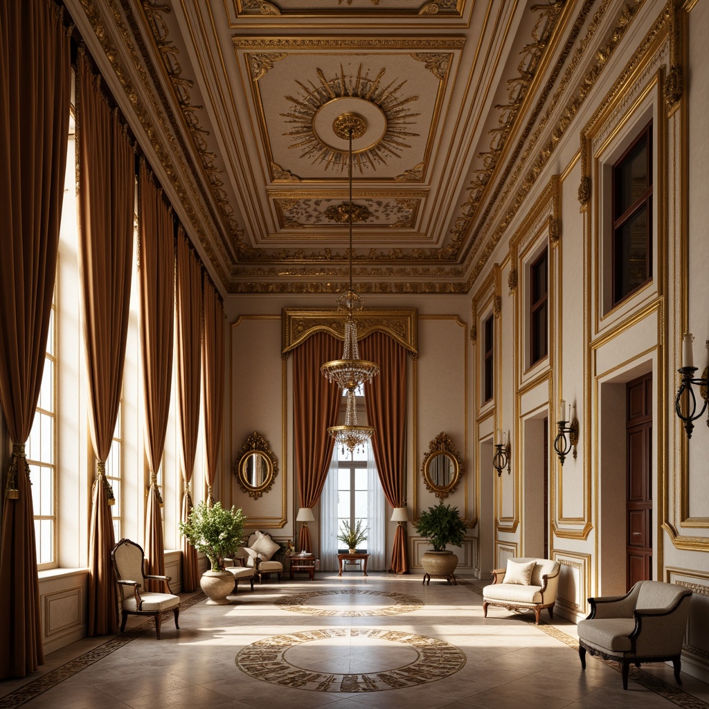 Prompt: Ornate neoclassical interior, grandiose wall treatments, intricate moldings, gilded frames, luxurious fabrics, velvet drapes, ornamental mirrors, crystal chandeliers, rich wood paneling, marble flooring, high ceilings, dramatic lighting, 3-point perspective, warm beige tones, soft diffused light, shallow depth of field, 2/3 composition, realistic textures, ambient occlusion.