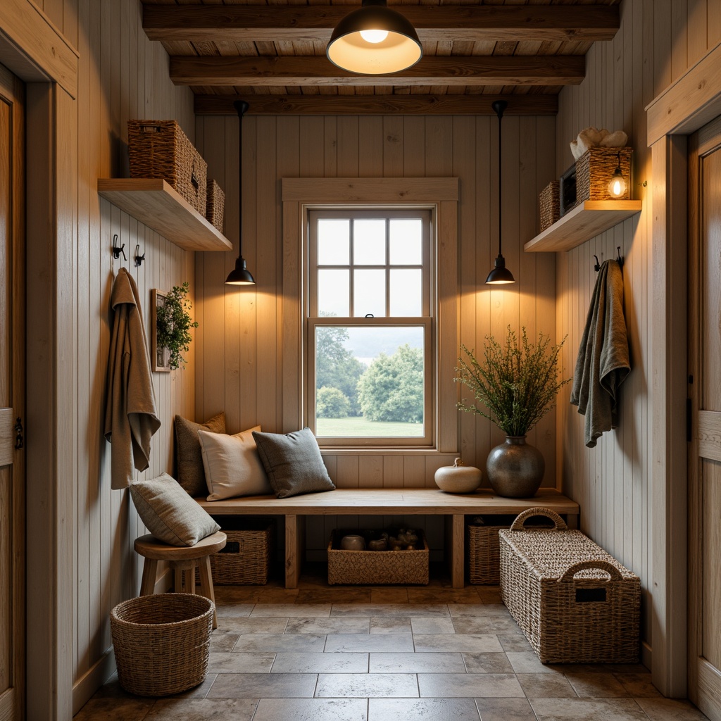 Prompt: Cozy mudroom, rustic wooden bench, woven baskets, natural stone flooring, earthy tones, warm ambient lighting, soft warm glow, pendant lamps, industrial metal shades, recessed ceiling lights, LED strip lights, motion-sensing fixtures, bright task lighting, functional storage units, hooks for hanging, woven textiles, nature-inspired accents, calming color palette, serene atmosphere.