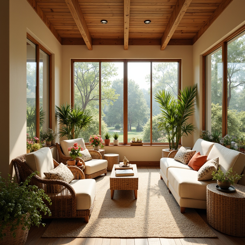 Prompt: Vibrant sunroom, bright natural light, warm beige walls, rich wood accents, comfortable wicker furniture, lush greenery, blooming flowers, soft pastel hues, calming blue tones, creamy whites, earthy terracotta, serene atmosphere, cozy reading nooks, panoramic views, sliding glass doors, modern minimalist decor, textured area rugs, ambient lighting, warm golden hour, shallow depth of field, 3/4 composition.