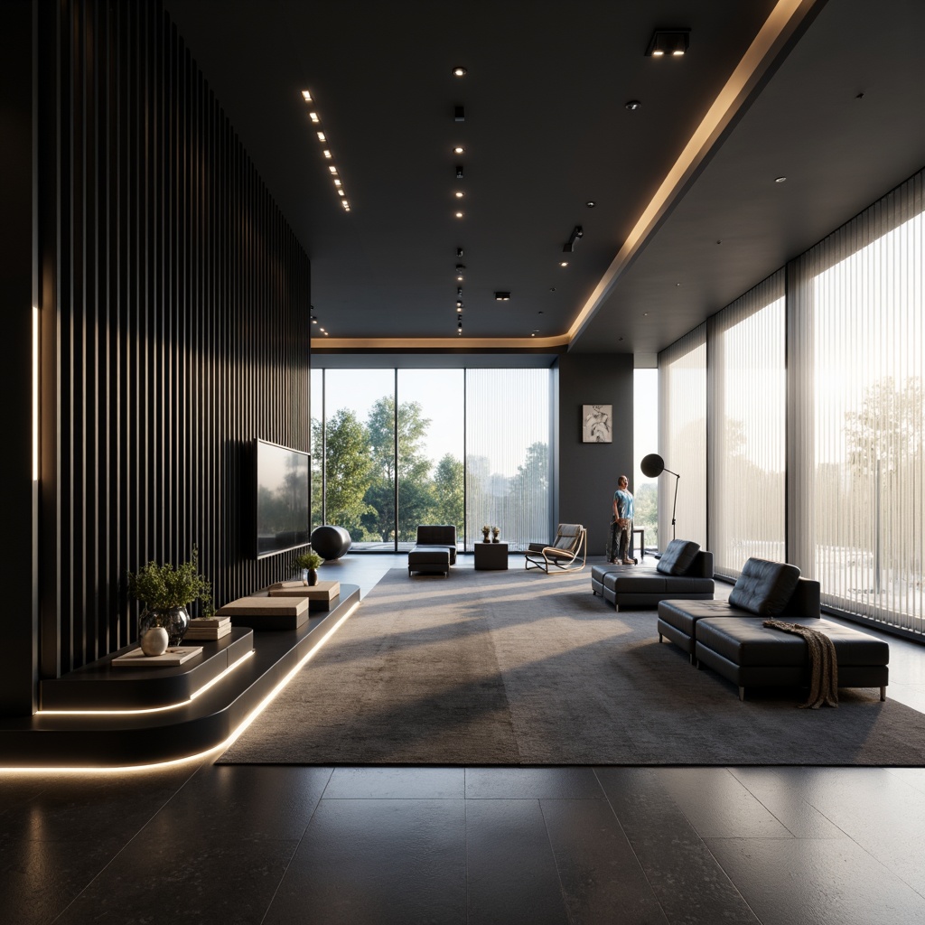 Prompt: Streamlined modern interior, sleek lines, minimalist decor, monochromatic color scheme, polished chrome accents, matte black furniture, ambient floor lamps, warm white LED strips, recessed ceiling lights, natural daylight pouring in through large windows, sheer curtains filtering soft sunlight, 1/1 composition, low-key lighting, subtle shadows, realistic reflections, atmospheric glow.