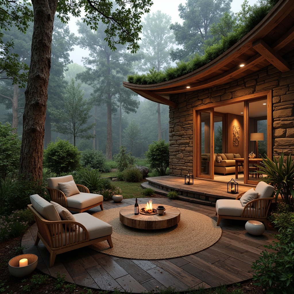 Prompt: Rustic wooden cabin, natural stone walls, earthy color palette, woven bamboo furniture, jute rugs, reclaimed wood accents, living green roofs, organic curves, warm candle lighting, cozy atmosphere, secluded forest surroundings, misty morning fog, soft diffused light, 1/1 composition, intimate scale, tactile textures.