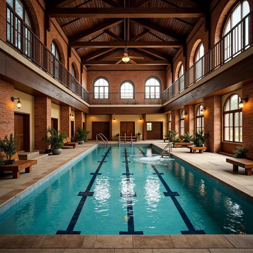 Prompt: Rustic academic architecture, vintage swimming pool, warm golden lighting, soft shadows, decorative lamp posts, classic brick walls, wooden benches, metal railings, lap lanes, diving boards, water effects, ripples, natural stone flooring, ceramic tile accents, softbox lighting, 1/1 composition, shallow depth of field, realistic reflections, ambient occlusion.