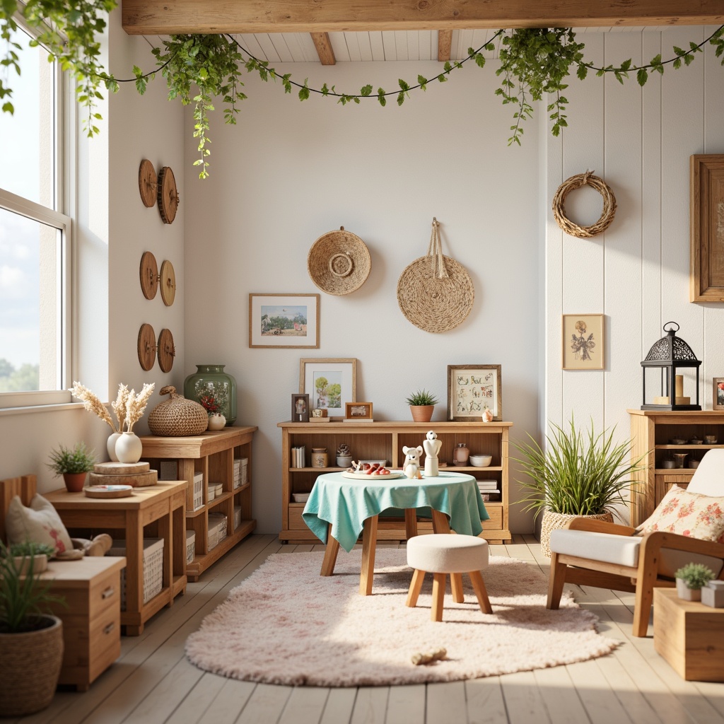 Prompt: Whimsical kindergarten classroom, distressed wooden furniture, soft pastel colors, vintage decorative accents, fluffy area rugs, plush toys, natural woven baskets, creamy white walls, ornate metal lanterns, sweet flower patterns, warm cozy lighting, shallow depth of field, 1/1 composition, inviting atmosphere, realistic textures, ambient occlusion.