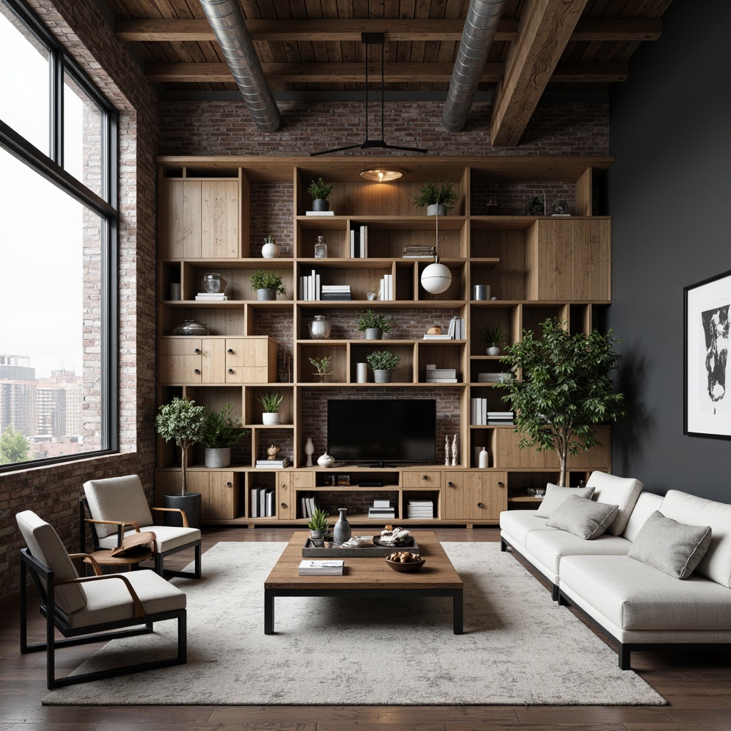 Prompt: Industrial-chic living room, open shelving units, minimalist decor, rectangular wooden crates, metal pipes, exposed brick walls, functional simplicity, monochromatic color scheme, modernist furniture pieces, geometric shapes, clean lines, ample natural light, airy atmosphere, urban loft ambiance, abstract artwork, decorative accents, warm wood tones, matte black finishes, Bauhaus-inspired aesthetic, architectural details, high ceilings, large windows, cityscape views, softbox lighting, 1/1 composition, realistic textures, subtle shadows.