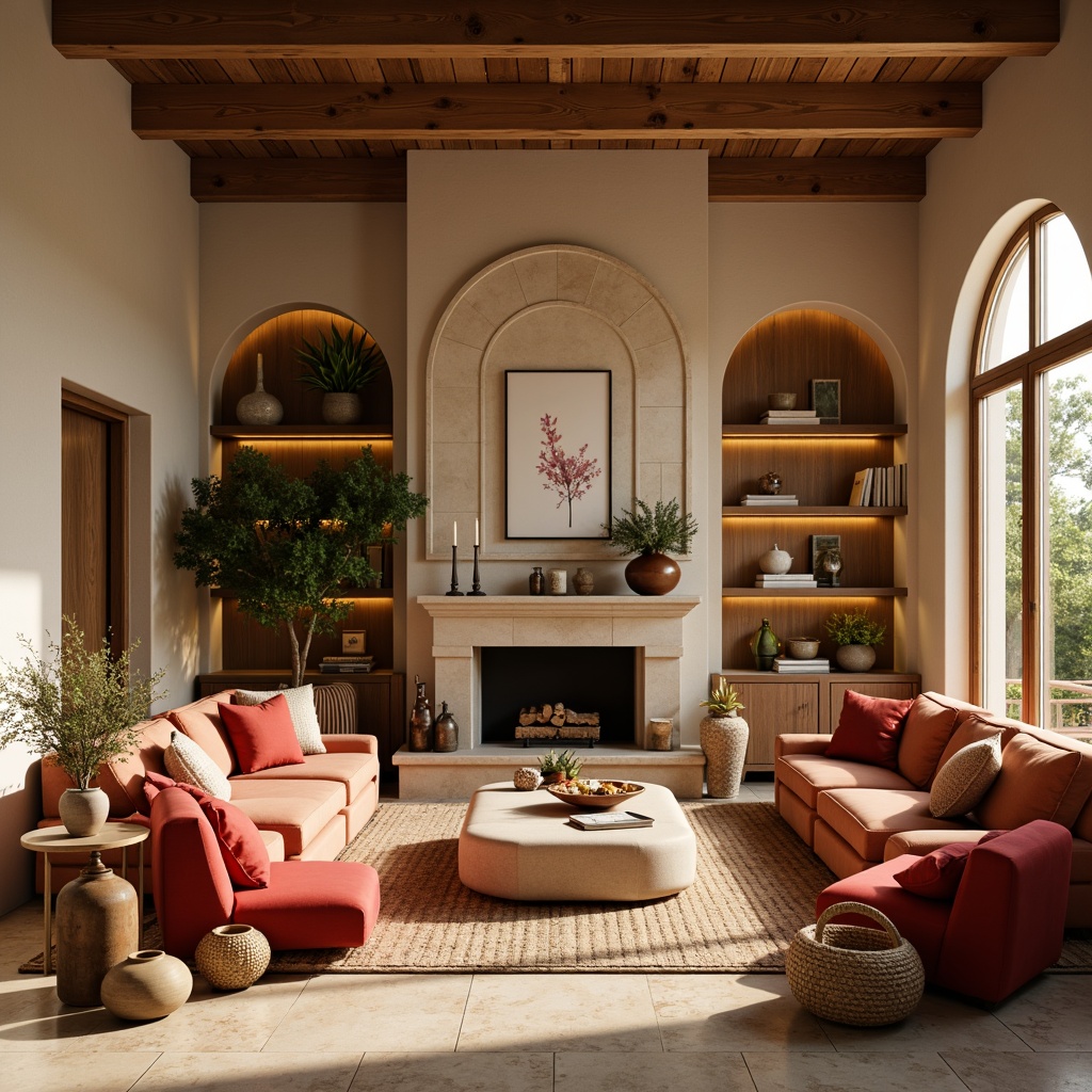 Prompt: Cozy living room, warm beige walls, rich walnut wood furniture, plush velvet sofas, soft golden lighting, natural stone fireplace, earthy terracotta vases, lush greenery, vibrant coral accents, creamy white marble countertops, rustic wooden shelves, inviting aromas, calming atmosphere, warm neutral tones, 1/2 composition, shallow depth of field, realistic textures, ambient occlusion.