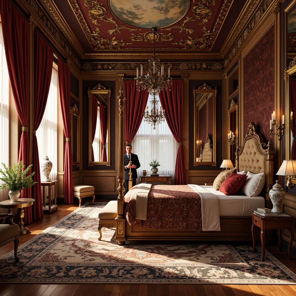 Prompt: Opulent Rococo palace, lavish furnishings, velvet drapes, intricately patterned rugs, golden accents, ornate mirrors, crystal chandeliers, delicate porcelain vases, soft satin upholstery, luxurious silk fabrics, intricate embroidery, beaded lace trim, majestic four-poster beds, carved wooden paneling, Baroque-inspired architecture, warm candlelight, dramatic shadows, low-angle photography, 1/1 composition, rich textures, ambient occlusion.