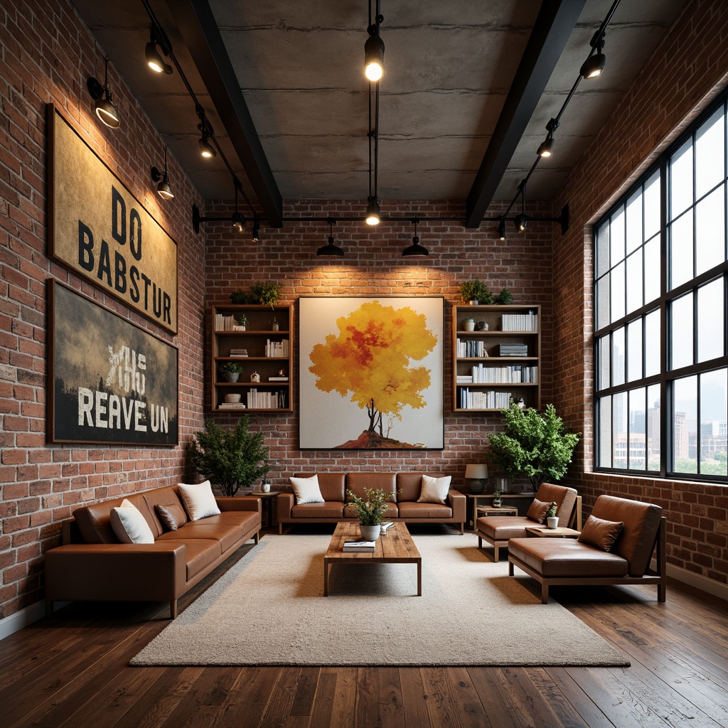 Prompt: Exposed brick walls, distressed wood accents, industrial metal beams, reclaimed wooden floors, eclectic furniture, vintage decorative items, cozy reading nooks, warm ambient lighting, rich earthy tones, abstract artwork, oversized windows, urban cityscape views, modern minimalist decor, functional open spaces, collaborative learning areas, inspirational quotes, comfortable seating zones, natural textiles, raw concrete ceilings, edgy architectural elements, dynamic shadows, high contrast ratios, dramatic spotlighting.