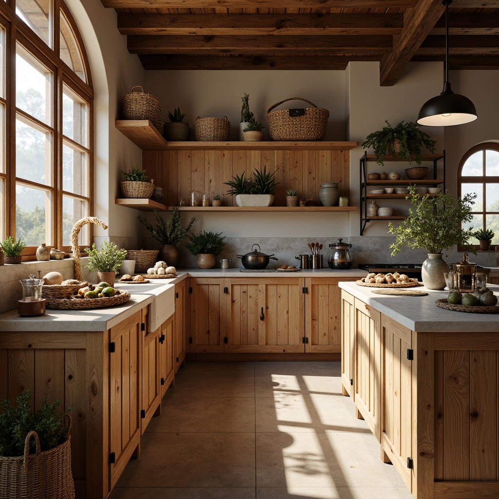 Prompt: Rustic wooden cabinetry, natural oak textures, light-colored wood tones, earthy stone countertops, woven wicker baskets, linen textiles, organic food displays, vintage metalware, distressed finishes, warm candlelight, cozy atmospheric shadows, shallow depth of field, 2/3 composition, soft focus, realistic wood grains, ambient occlusion.