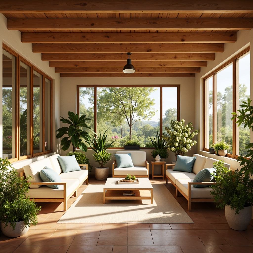 Prompt: Vibrant sunroom, natural light pouring in, warm beige walls, earthy terracotta floors, lush greenery, blooming flowers, wooden ceiling beams, large windows, sliding glass doors, soft cream-colored furniture, pastel blue accents, calming atmosphere, bright sunny day, warm golden lighting, shallow depth of field, 1/1 composition, realistic textures, ambient occlusion.