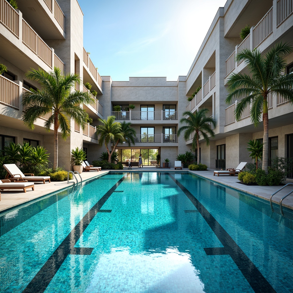 Prompt: Majestic academic institution, elegant swimming pool, ceramic tiles, turquoise water, sleek lane lines, stainless steel handrails, modern LED lighting, natural stone decks, comfortable lounge chairs, refreshing tropical plants, sunny afternoon, soft focus, 1/2 composition, symmetrical architecture, vibrant blue accents, subtle texture patterns, ambient shadows.