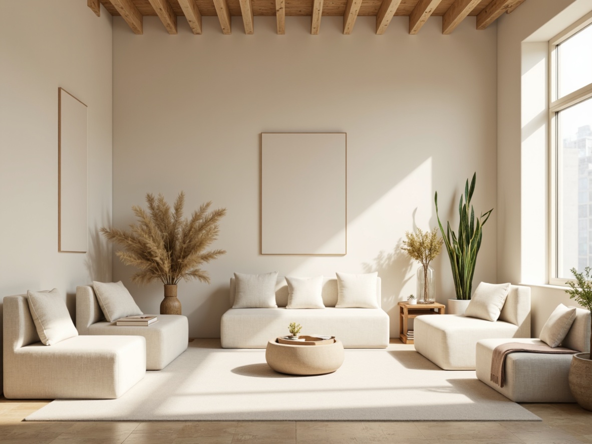 Prompt: Calming minimalist space, soft beige walls, creamy white furniture, natural wood accents, sleek metal fixtures, subtle texture variations, neutral color scheme, earthy tones, organic shapes, modern simplicity, ample natural light, airy atmosphere, shallow depth of field, 1/1 composition, realistic rendering, ambient occlusion.