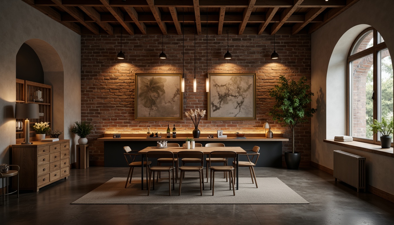 Prompt: Dimmable pendant lamps, warm white LED lights, subtle floor lamps, minimal decor, clean lines, simple shapes, industrial metal chairs, reclaimed wood tables, concrete floors, exposed brick walls, natural textiles, earthy color palette, softbox lighting, 1/2 composition, shallow depth of field, realistic reflections, ambient occlusion.