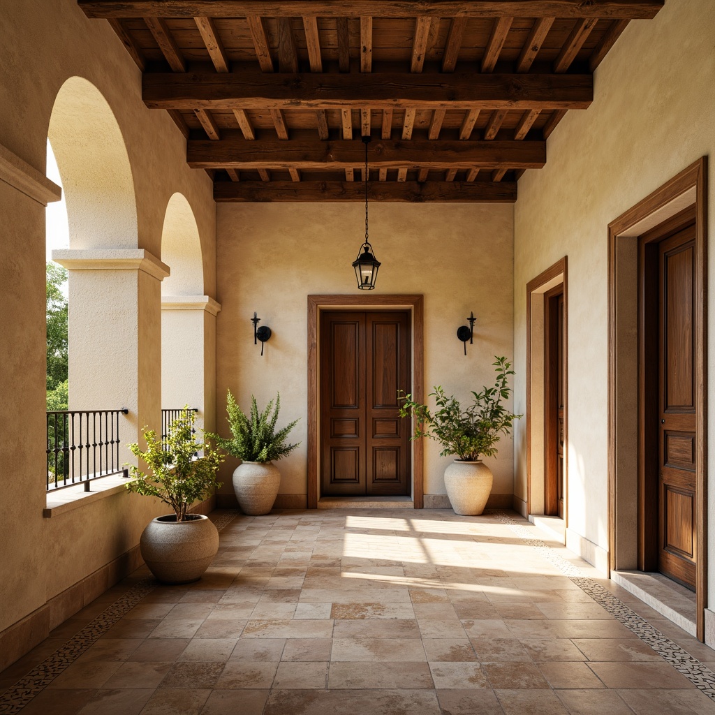 Prompt: Warm Mediterranean villa, rustic plaster walls, soft beige color, textured finishes, natural stone flooring, wooden beam ceilings, elegant archways, ornate ironwork, vintage decorative tiles, cozy intimate spaces, warm golden lighting, shallow depth of field, 1/2 composition, realistic textures, ambient occlusion.