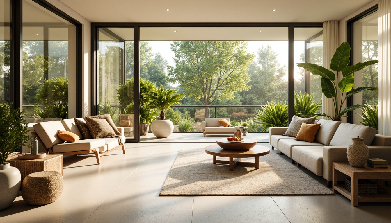 Prompt: Vibrant sunroom interior, abundant natural light, floor-to-ceiling windows, sliding glass doors, minimalist decor, sleek modern furniture, polished wood accents, creamy white walls, lush greenery, potted plants, warm beige flooring, soft warm lighting, shallow depth of field, 3/4 composition, panoramic view, realistic textures, ambient occlusion.