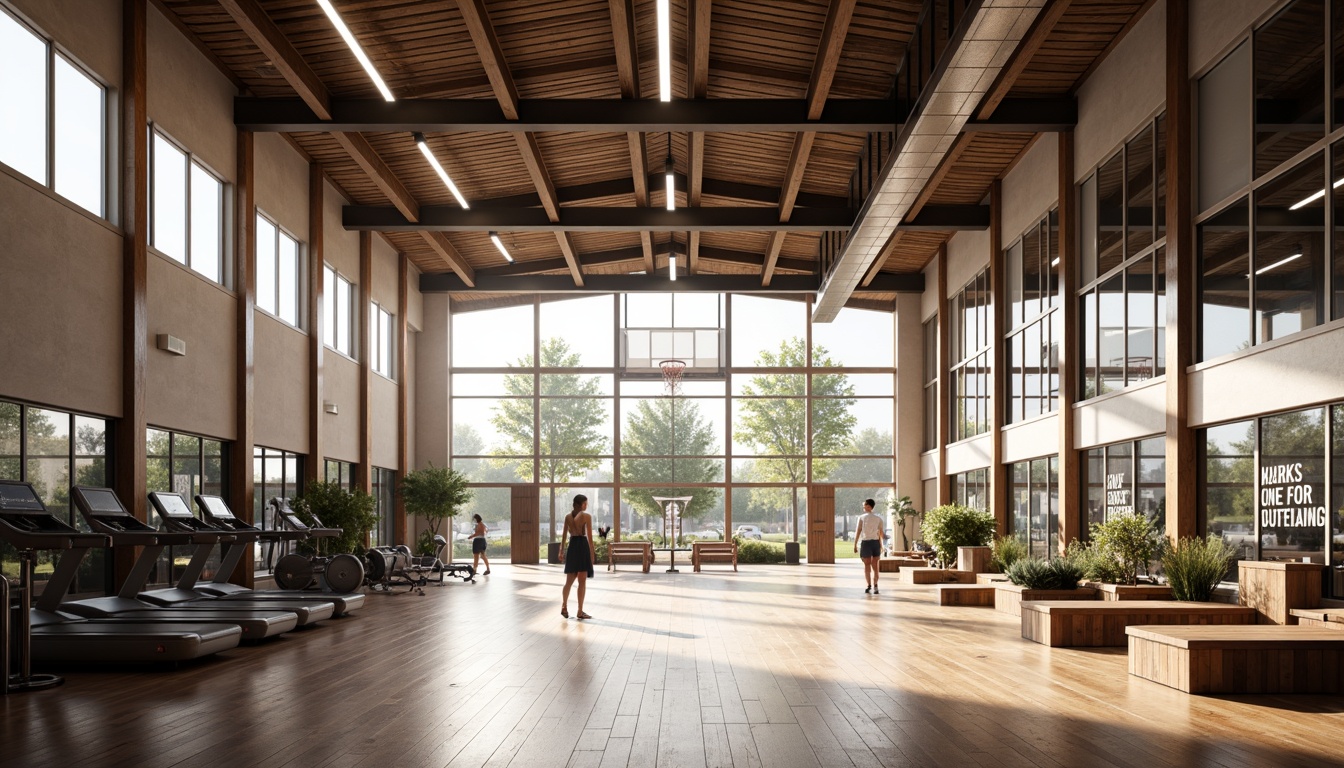 Prompt: Modern gymnasium interior, open layout concept, high ceilings, natural light pouring in, polished wooden floors, mirrored walls, state-of-the-art exercise equipment, free weights, treadmills, stationary bicycles, basketball courts, volleyball nets, athletic tracks, motivational quotes, sleek metal beams, minimalist decor, comfortable seating areas, spacious locker rooms, modern shower facilities, soft warm lighting, shallow depth of field, 3/4 composition, realistic textures, ambient occlusion.