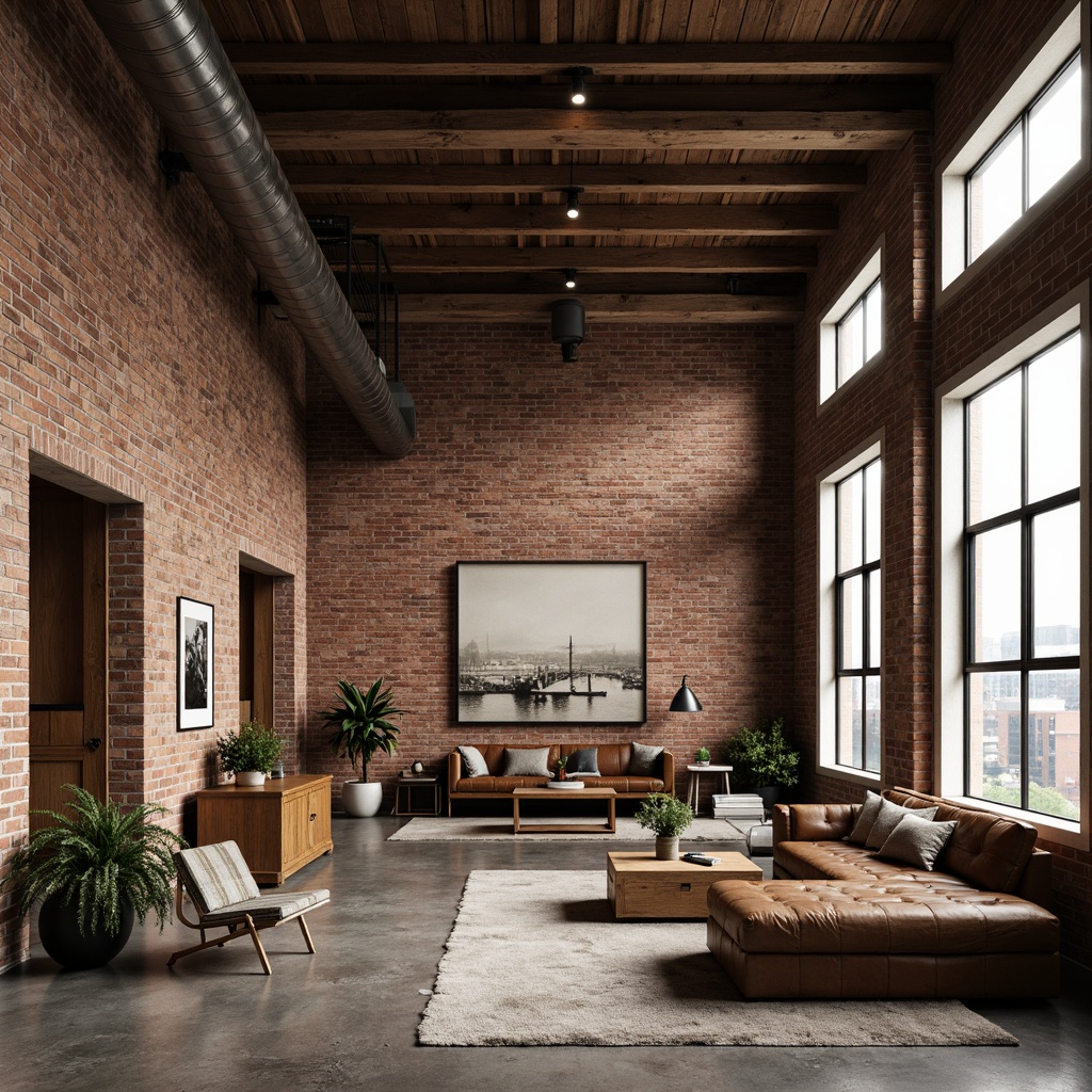 Prompt: Exposed brick walls, reclaimed wood accents, industrial metal beams, modern minimalist lighting, sleek concrete floors, urban loft atmosphere, academic-inspired decor, vintage furniture pieces, distressed leather sofas, rich wood tones, earthy color palette, natural textiles, abstract artwork, floor-to-ceiling windows, cityscape views, soft warm lighting, shallow depth of field, 1/1 composition, realistic textures, ambient occlusion.