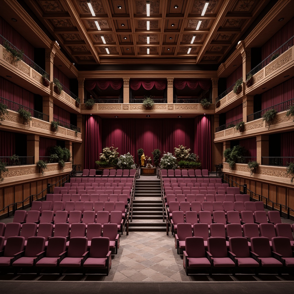 Prompt: Majestic amphitheater, mauve hued seats, curved rows, grand staircase, ornate metal railings, lavish velvet curtains, rich wood accents, sophisticated lighting fixtures, soft warm glow, subtle shadows, 1/2 composition, atmospheric perspective, realistic renderings, ambient occlusion.