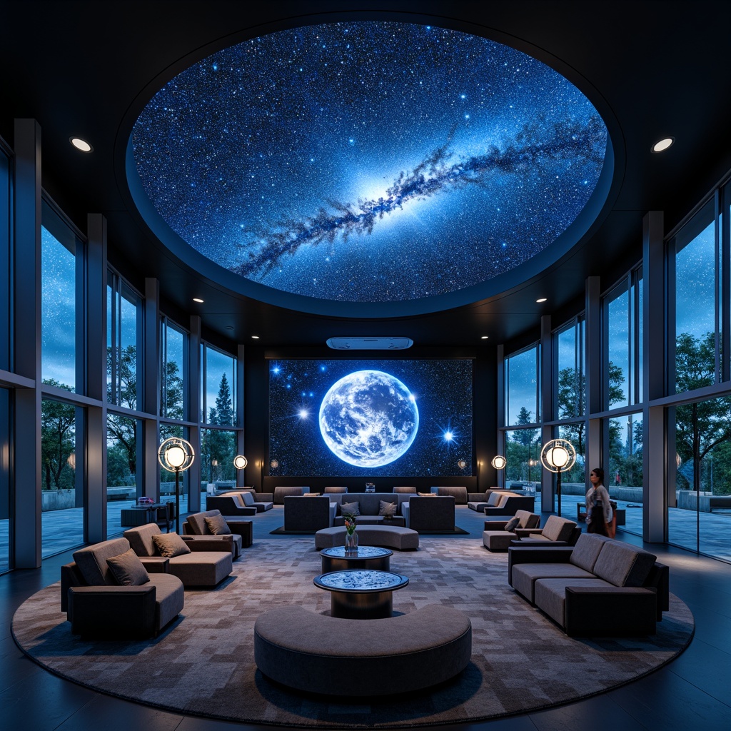 Prompt: Cosmic-inspired planetarium interior, sleek modern furniture, curved lines, minimalist design, dark blue and silver color scheme, ambient lighting, starry night sky projection, circular seating arrangement, comfortable velvety sofas, metallic coffee tables, futuristic pendant lights, floor-to-ceiling windows, panoramic views, 3D astronomy displays, interactive exhibits, educational signage, natural stone flooring, soft plush carpets, subtle texture patterns, shallow depth of field, realistic rendering.