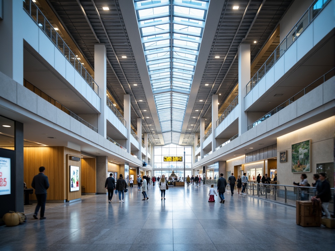 Prompt: \Bright airport terminal, high ceilings, sleek modern architecture, LED lighting systems, suspended linear luminaires, recessed downlights, ambient indirect lighting, natural daylight, translucent skylights, polished metal finishes, minimalist decor, international signage, bustling atmosphere, busy travelers, dynamic movement, shallow depth of field, 1/2 composition, realistic textures, soft warm glow.\