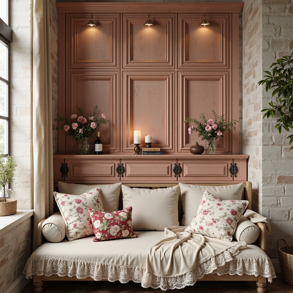 Prompt: Distressed wooden panels, vintage florals, soft peach hues, creamy whites, textured stucco, rough-hewn stones, worn brick walls, faded pastel colors, ornate metal accents, distressed finishes, rustic wood shelves, antique hardware, lace-trimmed fabrics, ruffled drapes, floral patterns, warm candlelight, cozy reading nook, 1/2 composition, soft focus, warm color palette, natural textures.