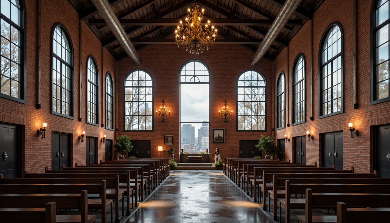 Prompt: Industrial chapel, exposed brick walls, metal beams, reclaimed wood accents, stained glass windows, ornate steel doors, grandiose chandeliers, warm ambient lighting, dramatic spotlights, LED tape lights, neon accents, industrial-style lanterns, rustic wooden pews, vintage metal chairs, distressed concrete floors, urban cityscape views, cloudy skies, softbox lighting, high contrast ratio, 1/1 composition, symmetrical framing, realistic material textures, subtle lens flares.