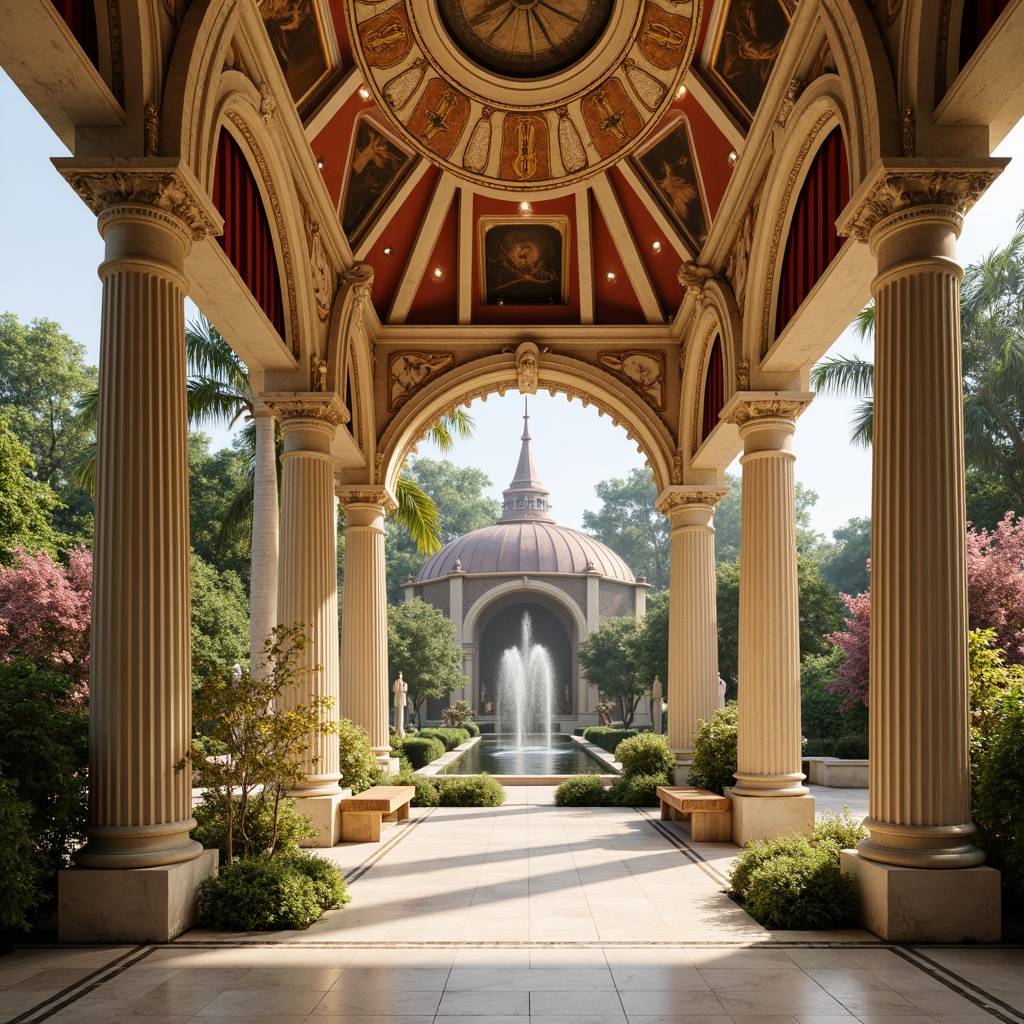 Prompt: Elegant pavilion, classicism style, soft cream columns, ornate golden details, rich velvet drapes, warm beige marble floors, intricate fresco ceilings, lush greenery surroundings, vibrant blooming flowers, serene water features, gentle misting systems, subtle warm lighting, shallow depth of field, 3/4 composition, panoramic view, realistic textures, ambient occlusion, earthy tone color palette, terracotta red accents, mossy stone walls, weathered wooden benches.