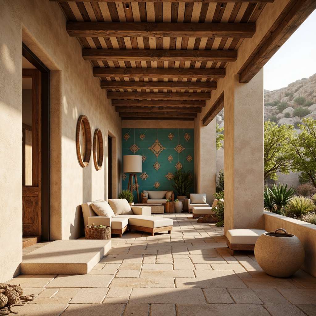 Prompt: Adobe earth-toned walls, rough-hewn stone textures, sandy beige hues, rustic wooden accents, vibrant turquoise decorative tiles, Southwestern-inspired geometric patterns, natural linen fabrics, woven basketry, desert flora, cacti silhouettes, warm golden lighting, soft focus, shallow depth of field, 1/2 composition, realistic rendering, ambient occlusion.