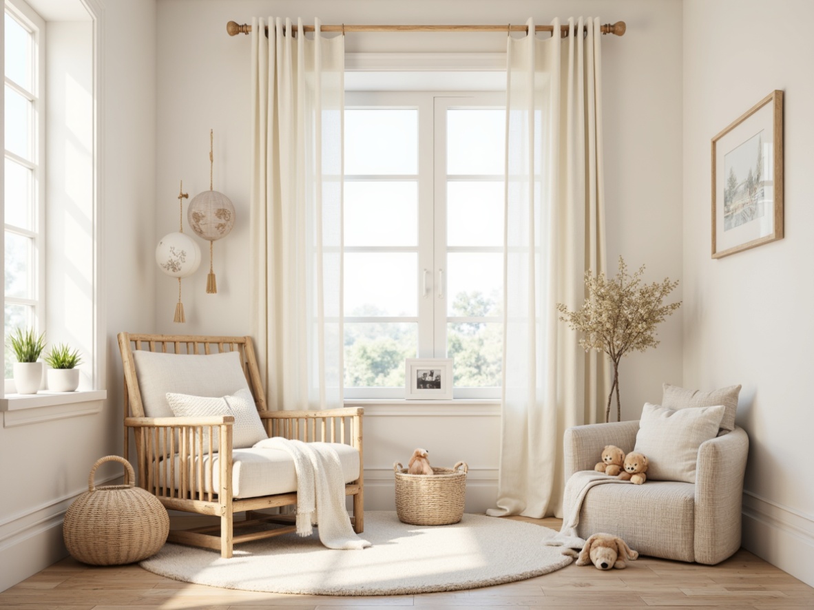 Prompt: Soft pastel hues, gentle cream, pure white, warm beige, light grey, subtle wood tones, minimal decor, simple shapes, clean lines, sparse furniture, plush toys, soft cushions, cozy blankets, natural textiles, woven baskets, delicate mobiles, creamy curtains, morning sunlight, soft focus, shallow depth of field, 1/1 composition, serene atmosphere.