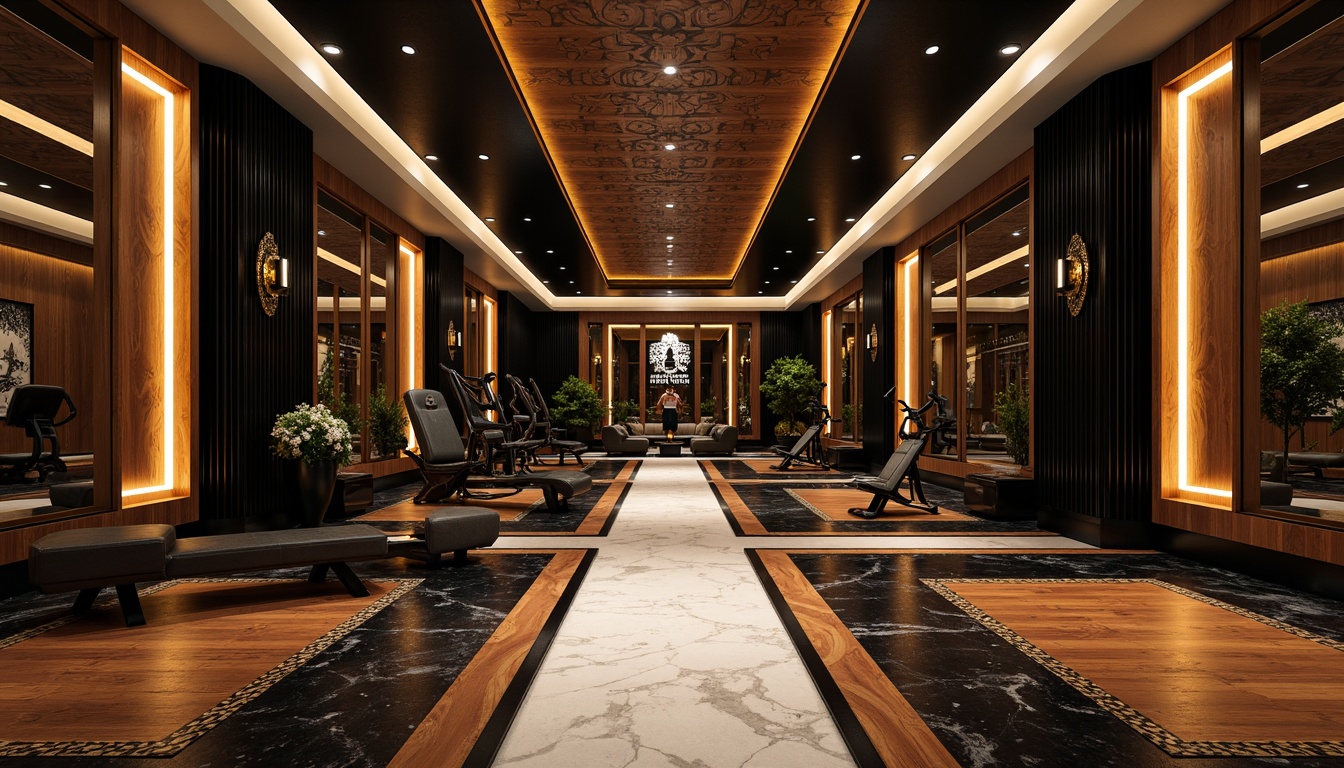 Prompt: Luxurious home gym, Art Deco style, rich wood flooring, polished ebony surfaces, inlaid marble patterns, geometric mosaics, bold black and white contrasts, metallic accents, ornate mirrors, high-gloss finishes, retro-futuristic vibe, neon lighting, warm atmospheric glow, dramatic shadows, 1/1 composition, symmetrical framing, realistic reflections, ambient occlusion.