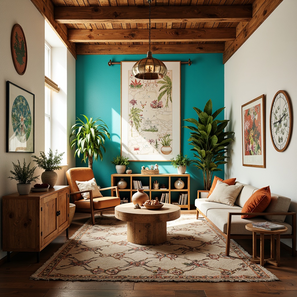 Prompt: Vibrant artistic studio, eclectic bohemian decor, rich turquoise accents, creamy white walls, reclaimed wood textures, industrial metal furniture, bold black outlines, whimsical patterned rugs, natural linen fabrics, earthy terracotta pottery, warm golden lighting, soft focus photography, shallow depth of field, 1/1 composition, realistic rendering, ambient occlusion.