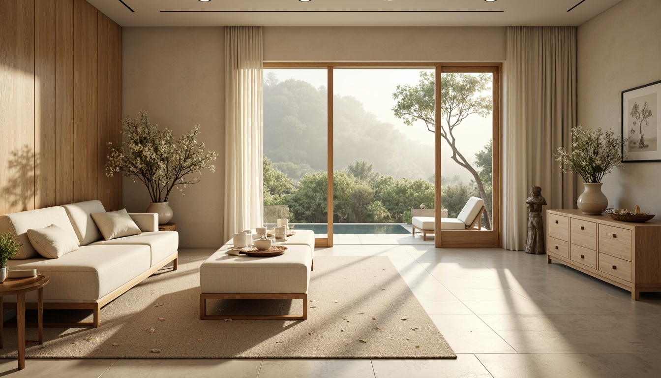 Prompt: Soothing natural ambiance, gentle misty morning, soft warm lighting, calming beige walls, serene minimalistic furniture, plush creamy carpets, elegant wooden accents, subtle linen textures, quiet peaceful atmosphere, spacious open layout, airy high ceilings, large windows, clear glass doors, lush greenery views, blooming white flowers, delicate petal patterns, creamy marble countertops, smooth stone floors, gentle water features, shallow depth of field, 1/1 composition, realistic renderings, ambient occlusion.Please let me know if this meets your requirements!