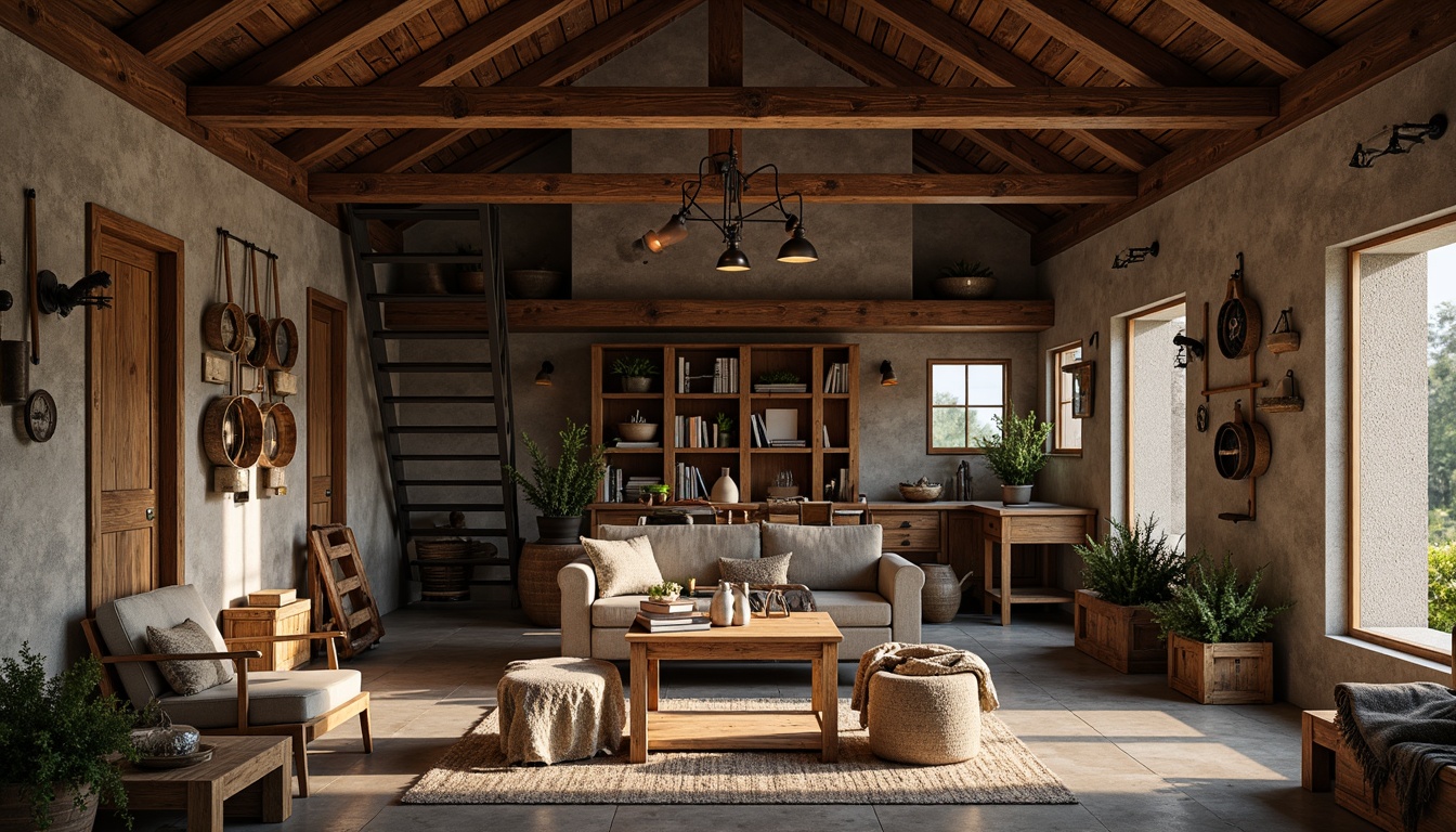 Prompt: Rustic farmhouse interior, exposed wooden beams, distressed metal accents, reclaimed wood walls, vintage farm tools, earthy color palette, natural stone flooring, industrial-style lighting fixtures, metal staircase, wooden crates, potted greenery, cozy reading nook, plush throw blankets, warm candlelight, shallow depth of field, 1/1 composition, soft focus, realistic textures.