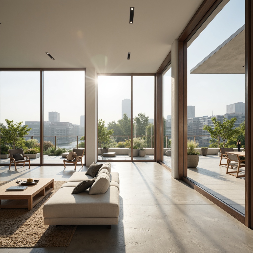 Prompt: Minimalist interior, white walls, polished concrete floors, floor-to-ceiling windows, sliding glass doors, open-plan living areas, minimalist decor, natural textiles, earthy color palette, abundant natural light, soft warm lighting, shallow depth of field, 3/4 composition, panoramic view, realistic textures, ambient occlusion, urban cityscape views, green roofs, roof gardens, vertical green walls, optimized window orientation, clerestory windows, skylights, reflective surfaces, indirect lighting, subtle shading.