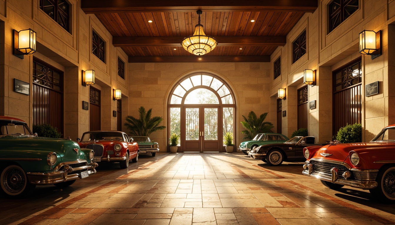 Prompt: Art Deco style family garage, ornate metal gates, luxurious stone walls, geometric patterned floors, vintage cars, polished chrome accents, warm golden lighting, softbox lights, sidelights, dramatic shadows, low-angle photography, 1/2 composition, cinematic mood, nostalgic atmosphere, warm beige tones, rich wood textures, metallic sheen, symmetrical composition.