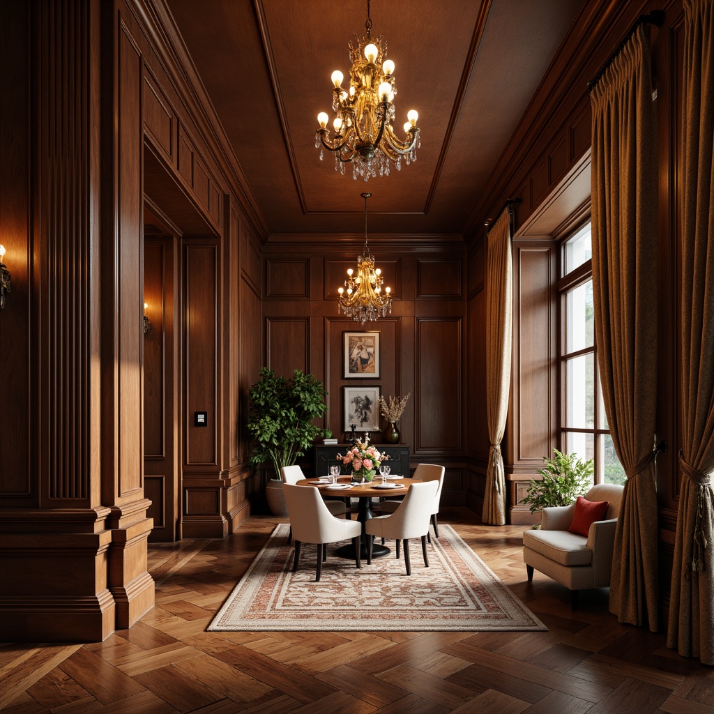 Prompt: Elegant classic interior, rich wood tones, dark hardwood floors, walnut panels, ornate moldings, grand chandeliers, luxurious fabrics, velvety smooth finishes, subtle sheen, traditional patterns, geometric motifs, herringbone designs, chevron layouts, sophisticated ambiance, warm golden lighting, soft focus photography, 1/2 composition, realistic textures, ambient occlusion.